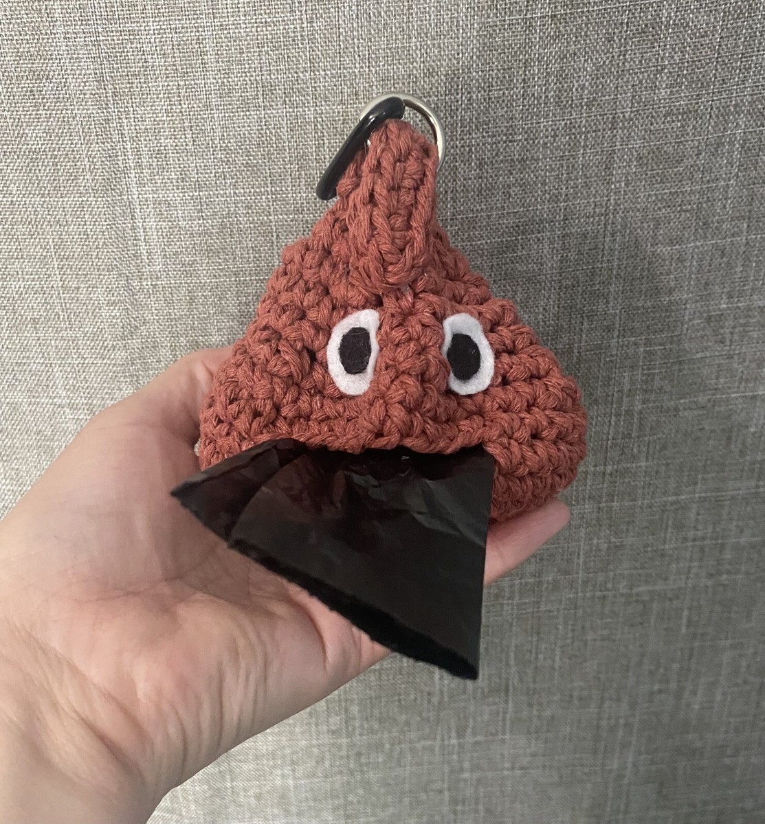 Funny Dog Poop Bag Holder; Brown Macrame Crochet; Clip Carabiner; Bags  included