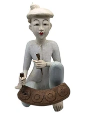 Vintage Asian Burmese Thai Handpainted Wood Carved Temple Musician 17". 