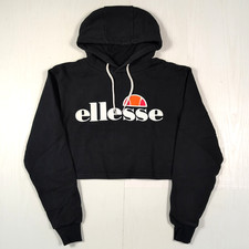 Ellesse Women s Hoodie Small Black Cropped Pullover Sweatshirt Logo Graphic Top