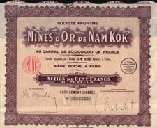 Kopalnie d'Or de Nam Kok - Kopalnie złota Indochiny Laos Tajlandia -SIEDZIBA Paryż Francja 1929