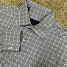 David Donahue Dress Shirt Mens 16.5 34/35 Blue Purple Plaid Trim Button Up