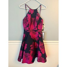 Xscape Womens Floral Halter Fit Flare Cocktail Dress Magenta Blue NWT Size 0