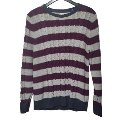 L.L. Bean Women's Sz L Purple Grey Stripe Cable Knit Crew Neck Fisherman Sweater