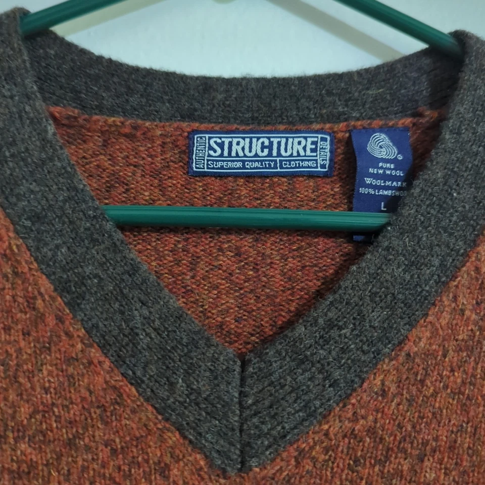 VTG Men’s Structure 100% Pure Lambswool V-neck Sweater Marled Knit Rust Orange L - Image 4 of 4