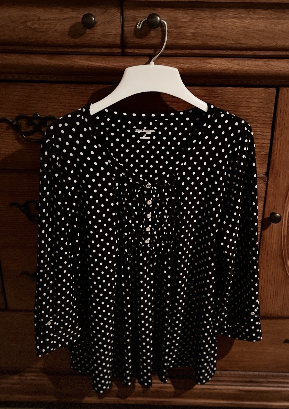 Kim Rogers Navy/White Polka Dot 3/4 Sleeve Scoop Neck Blouse Size L