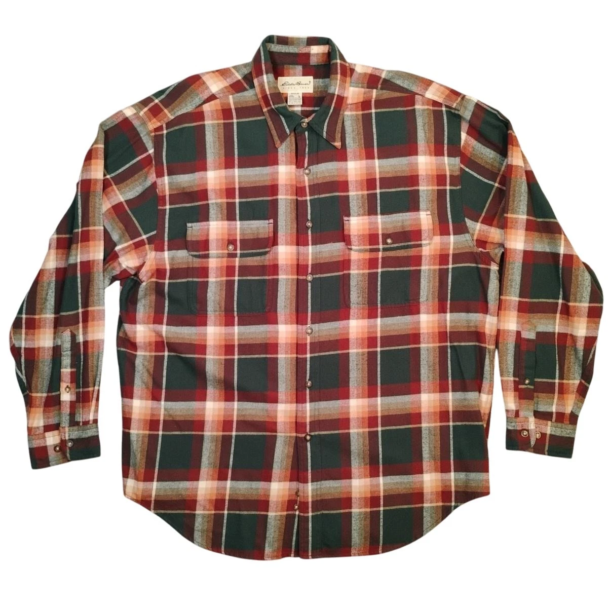 Vintage Eddie Bauer Shirt Mens Large Green Red Orange Plaid Flannel 90s