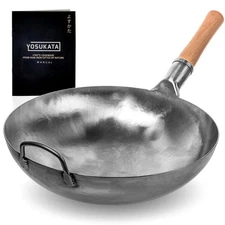 YOSUKATA 14” Round Bottom Carbon Steel Wok, Unseasoned Pow Wok for Stir Fry