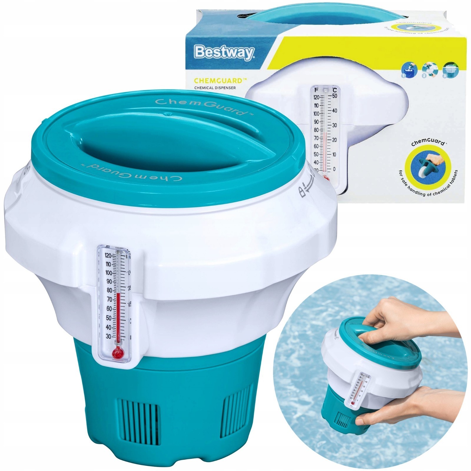 Dosificador de piscina para cloro Ø17,5x18,6cm con termómetro y fusible...