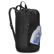 Femuar Laundry Bag Backpack Durable w/ Shoulder Straps Mesh Pockets Dorm Black