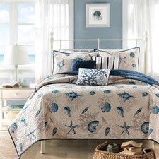 Coastal Reversible Coverlet Set 6 Piece Lightweight Bedspread Blue Coral Bedding