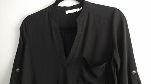 All in Forever Black Sheer Open V Neck Button Cuff Sleeve Blouse Front Pocket XS - Picture 4 of 8
