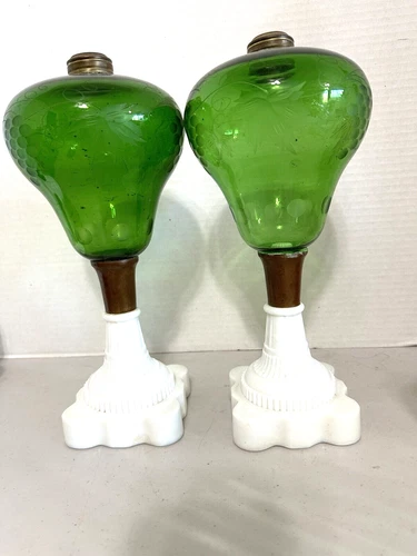 Boston and Sandwich Antique Oil Lamps - Milk Glass & Green Etched Glass-Set of 2