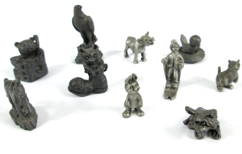 Lot Of 10 Mini Pewter Figurines Rabbit Cow Horse Bird Cat Horse Dog Squirrel - Picture 1 of 10
