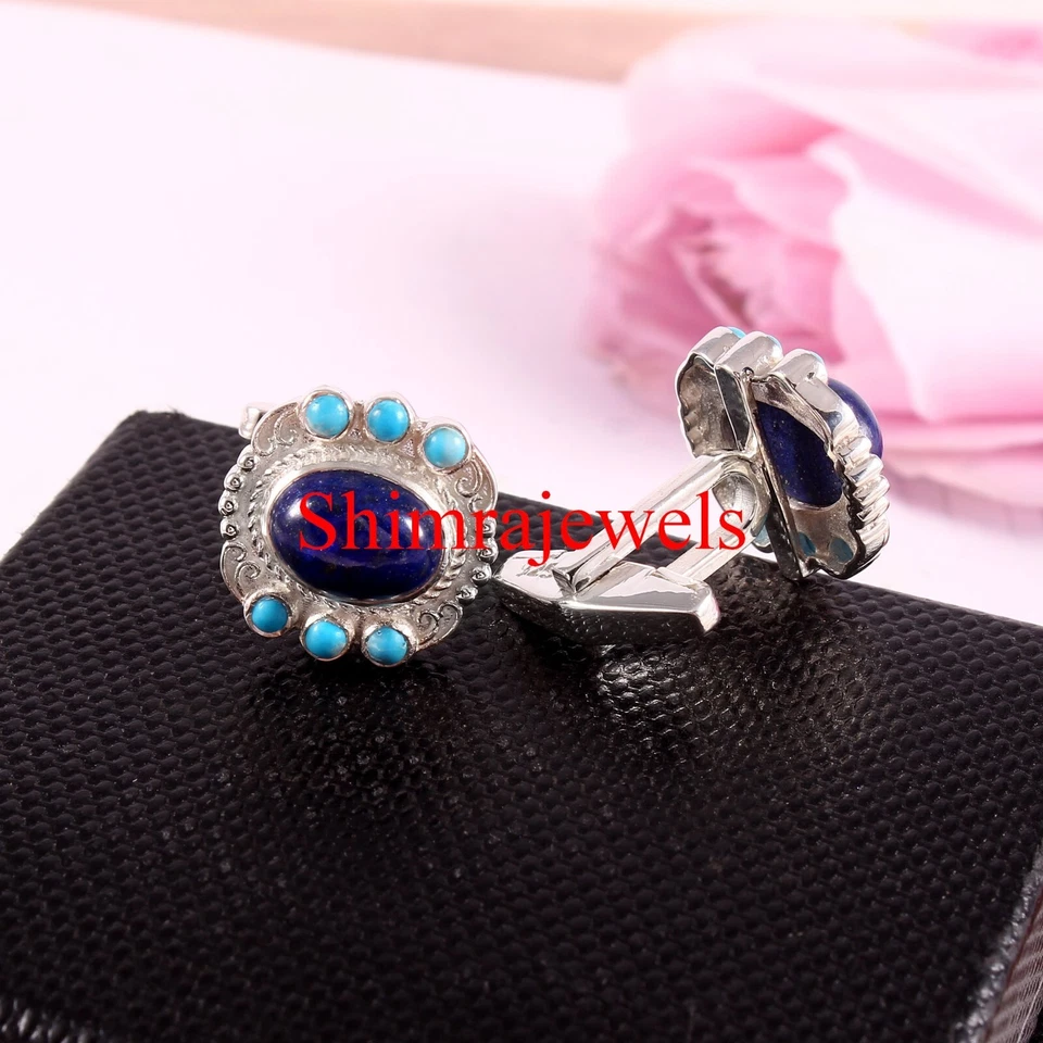 Lápis-lazúli natural e turquesa com abotoaduras de prata folheadas a ouro branco 18k 681 - Imagem 2 de 4