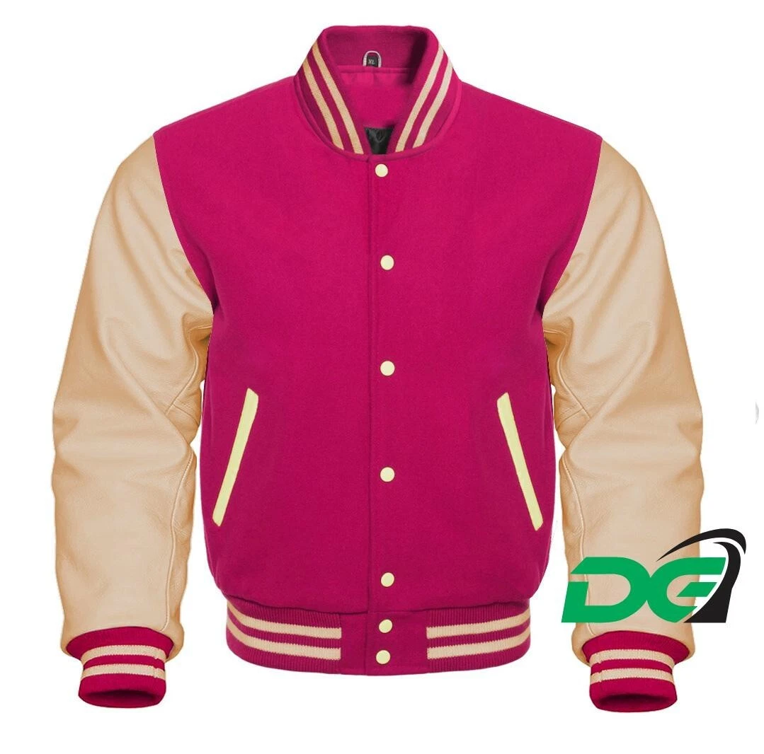 Varsity Letterman Baseball HotPink Wool and Genuine Cream Leather Sleeves JACKET