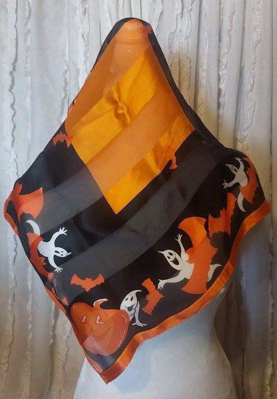 100% Silk Halloween Square ,Pumpkins, Ghosts, and Bats. Orange And Black