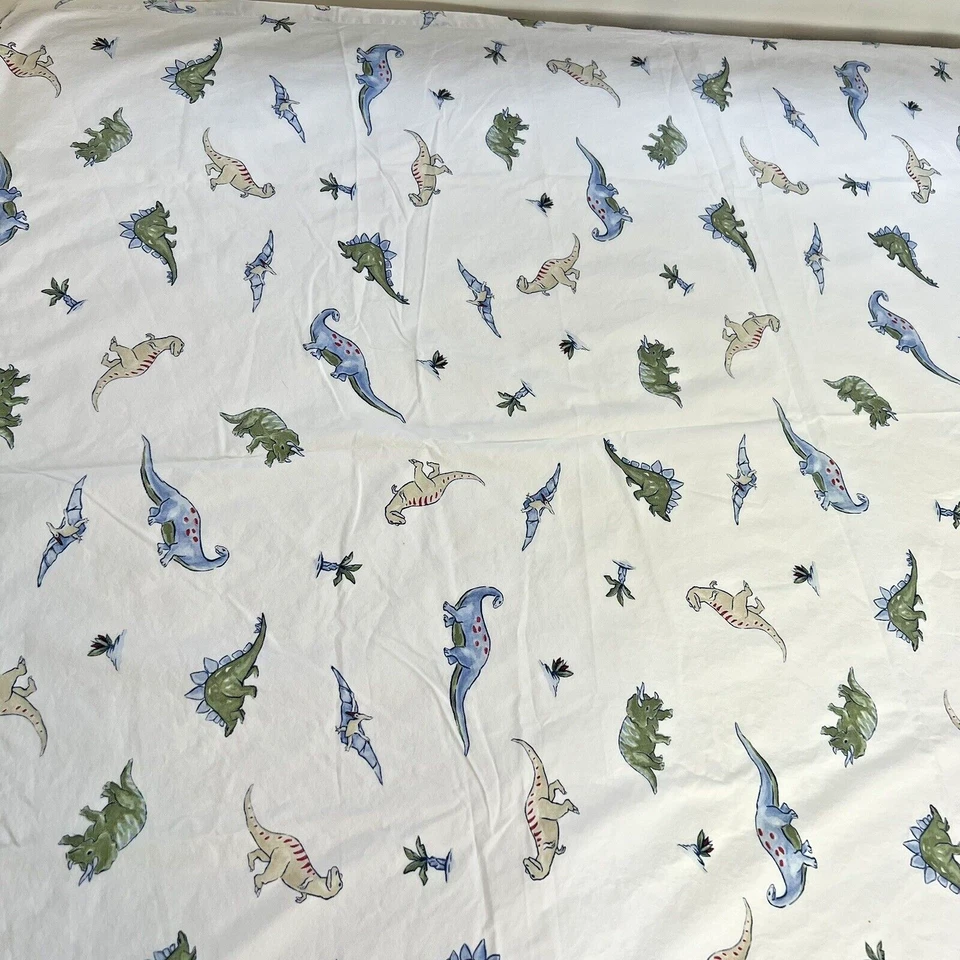 Pottery Barn 儿童双床单棉恐龙白色蓝色绿色棕褐色 60"x92" — 第 2/4 张图片