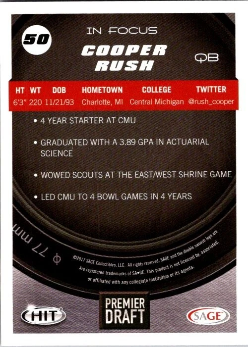 2017 SAGE HIT #10 Cooper Rush Red Rookie RC Central Michigan Dallas Cowboys - Image 2 of 2