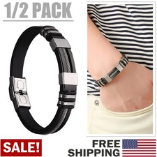 2x Silver Black Stainless Steel Genuine Leather Men Fashion Bangle Wrap Bracelet