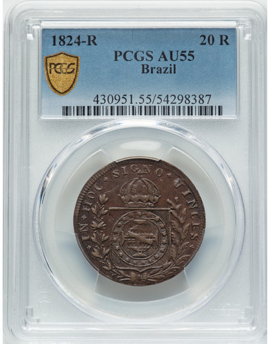 1824-R Brazil 20 Reis PCGS AU55