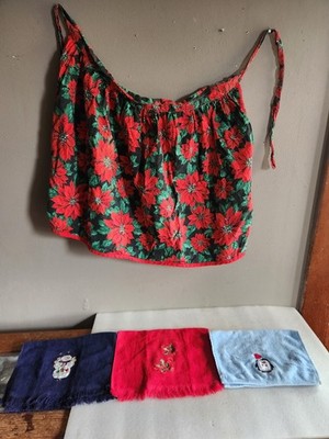Poinsettia Kitchen Apron & 3 Christmas Themed Hand Towels Snowman, Penguin 