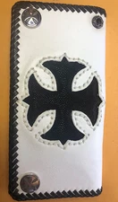 Long White Cowhide Trifold Wallet  w/Black Stingray -Cross - Biker accesories
