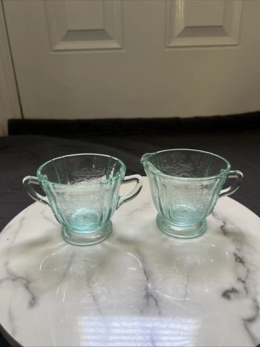 VTG Indiana Glass Federal Madrid Recollection Aquamarine Creamer &Sugar Bowl Set