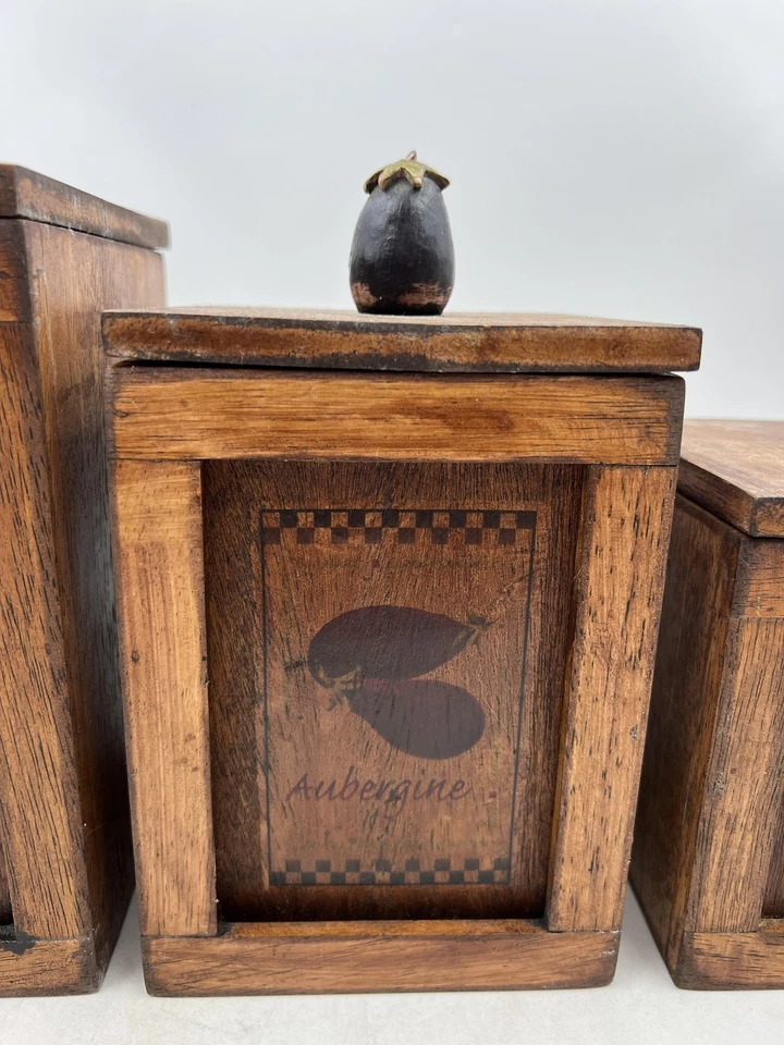 Juego de botes de madera vintage cocina almacenamiento vegetales tema calabaza berenjena años 80 Foto 3 de 4