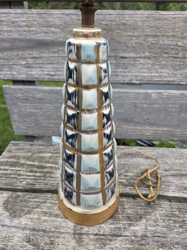 Vtg Hollywood Regency Turquoise Blue Gold Ceramic Table Lamp MCM Atomic Cubist - Picture 4 of 11
