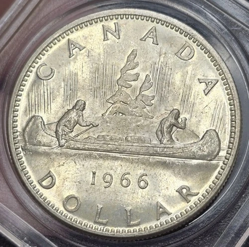 Unc 1966 Canada Silver Dollar Coin .800 Fine Voyageur Canoe Uncirculated