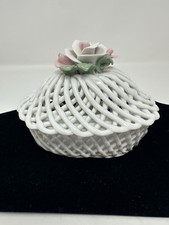 VTG Capodimonte Porcelain Decorative Basket Woven Lattice Design With a Rose