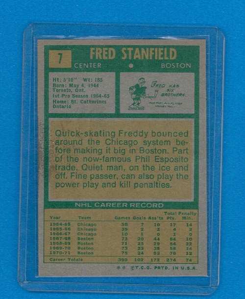 1971 Topps Hockey #7 Fred Stanfield Bruins NM - Image 2 of 2