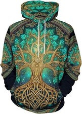 3D Tree of Life Hoodie Celtic Yggdrasil Green Gold Print Pullover Sweatshirt