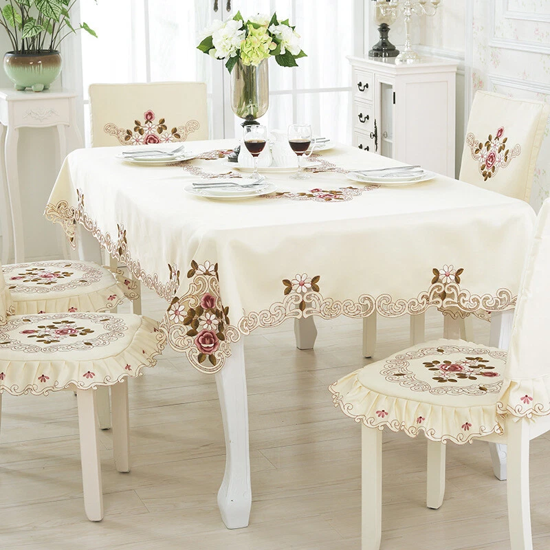 Beige Lace Tablecloth Embroidered Tablecover Floral European Round Square - Image 4 of 4