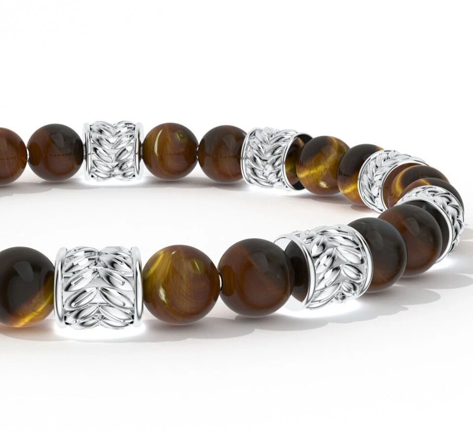 Pulsera de plata de ley 925 con motivo oxidado ojo de tigre dorado con cuentas joyería para hombre Foto 3 de 4