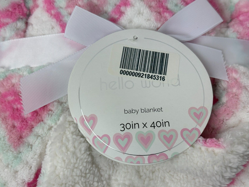 HTF NWT Hello World Pink Aqua Teal Turquoise And White Hearts Plush Baby Blanket - Picture 2 of 5