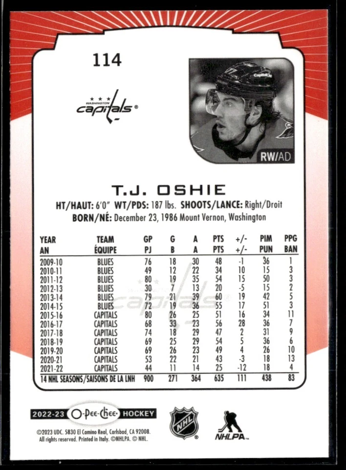 2022-23 O-Pee-Chee red T.J. Oshie #114 H3R3I - Image 2 of 2