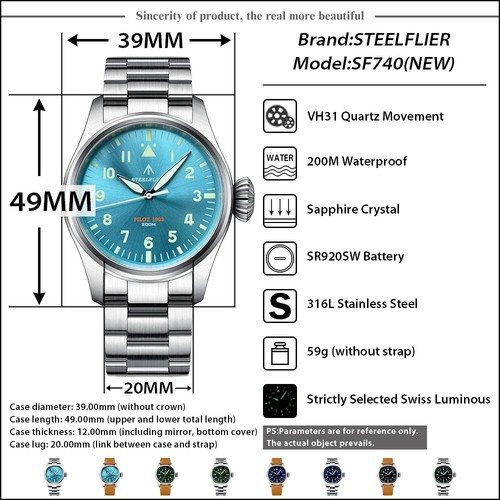 STEELFLIER Official SF740 V2 Quartz Armbanduhr Pilot Big Crown Lume VH31 20bar - Bild 3 von 20