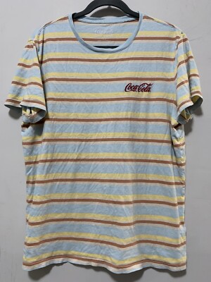Lucky Brand Men Large T-Shirt Coca Cola Classic Stripe Blue Short Sleeve Hippie