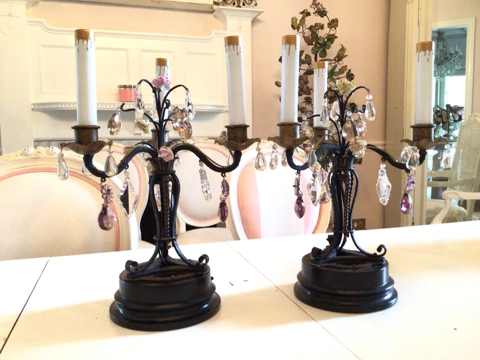 pair antique french candelabra lamps girandoles chandelier lamps porcelain roses - Image 3 of 4