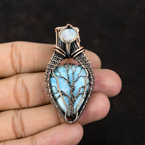 Larimar Jewelry Copper Friend Gift Wire Wrapped Tree Of Life Pendant 2.4" - Picture 2 of 8