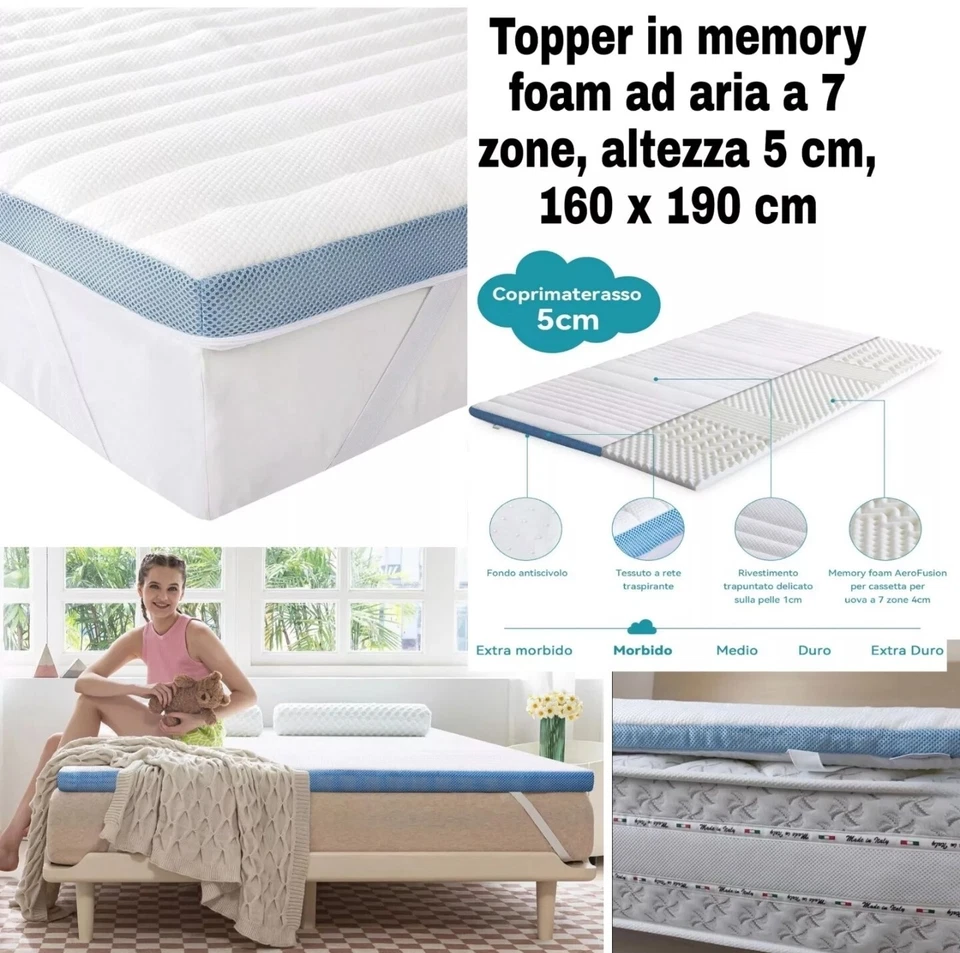 Topper Materasso in memory foam ad aria a 7 zone, altezza 5 cm, 160 x 190 cm - Immagine 2 di 4