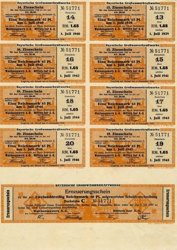 Bayer. Grosswasserkraftwerke - 1927-1946, - 20 Coupons + Ern.Schein.