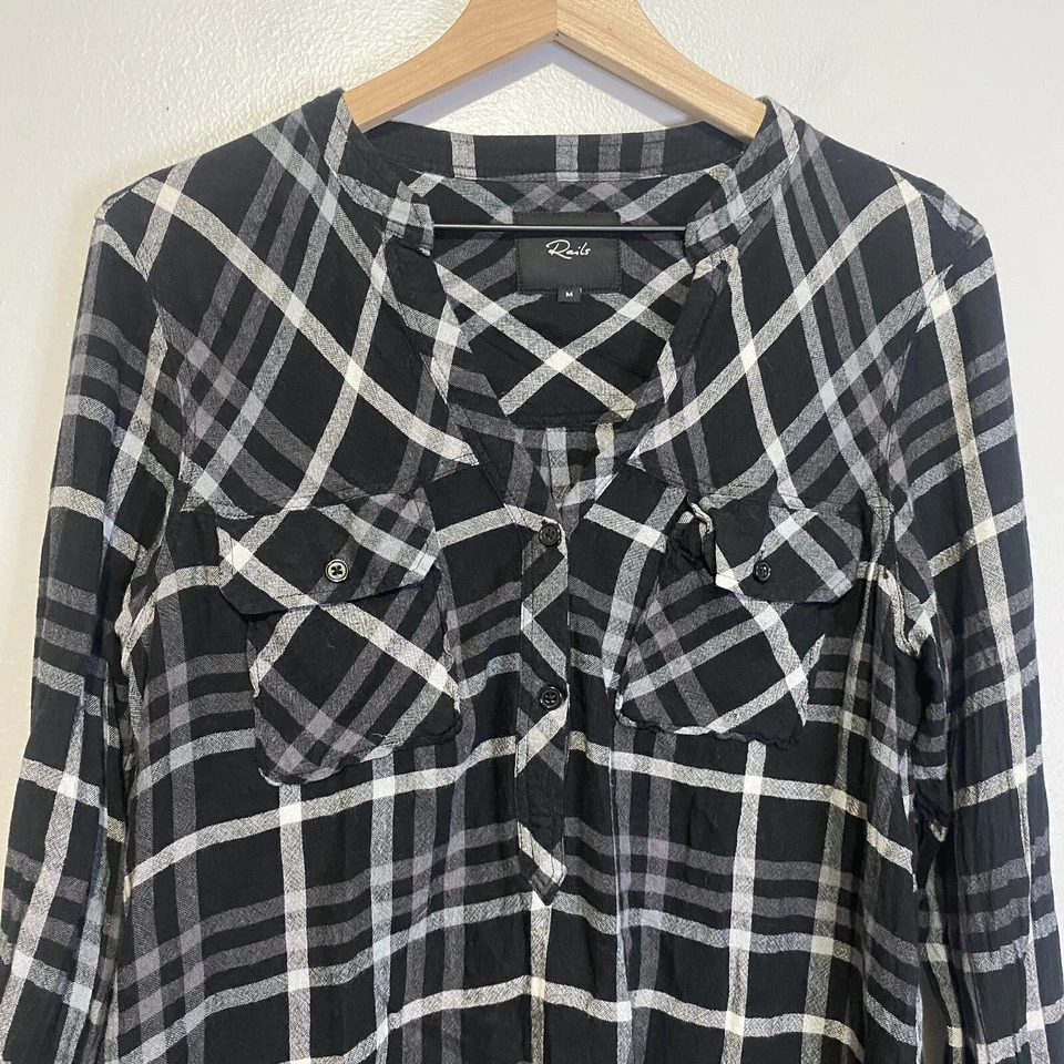 RAILS Redding Ink Gray White Plaid Popover Long Sleeve Pocket Shirt Top Size M - Imagem 2 de 4