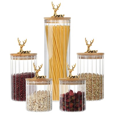 Glass Storage Jars Set of 5 Kitchen Coffee with Airtight Bamboo Lid Metal Deer