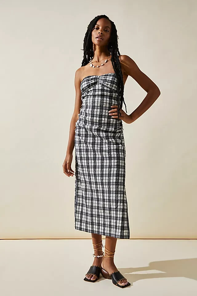 Free People Brandie Plaid Midi Dress XS 2 Women's Casual Ruched