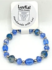 7.5" Blue Glass & Stainless Steel Beaded Stretch Bracelet- Trendy & Stackable