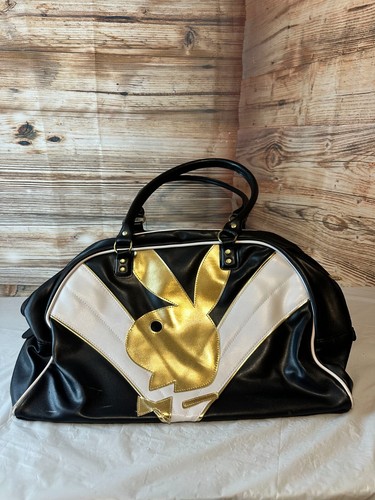 Vintage Y2K Playboy Duffle Handbag Black White Leather Double Handle Purse