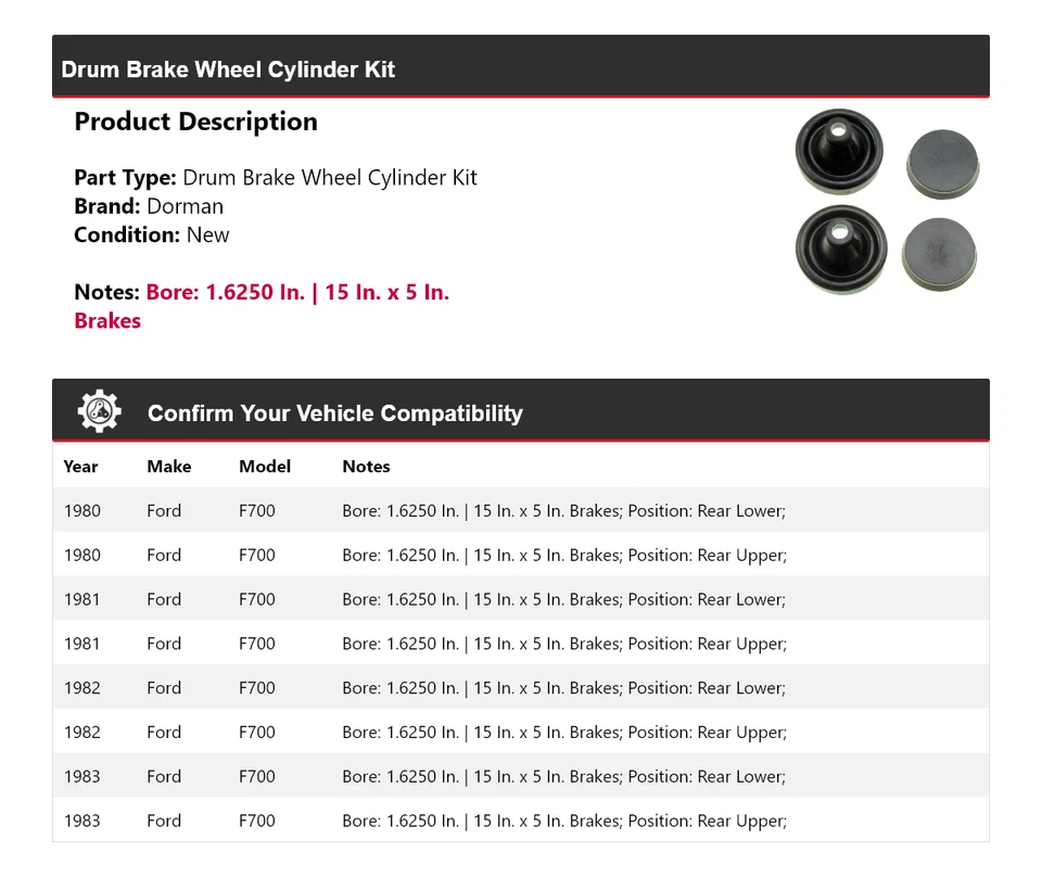 Kit de cilindro de rueda de freno de tambor para Ford F700 Dorman 1980-1983 1981 1982 Foto 2 de 4