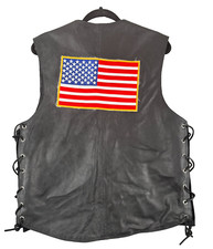 Mens Genuine Leather Biker Vest w/ American Flag on Back and Side Laces Sz 44
